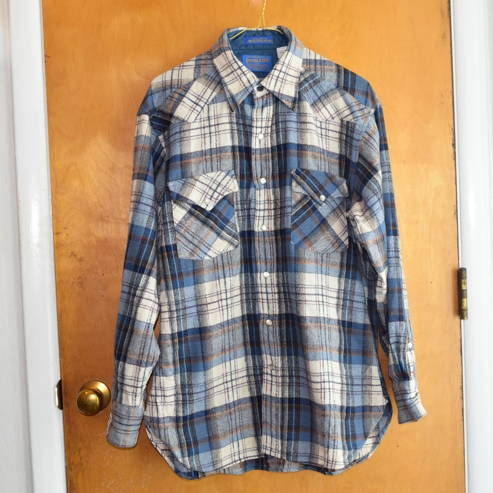 PENDLETON Western Snap Button Up Shirt Mens Size Medium Blue Plaid Wool Flannel